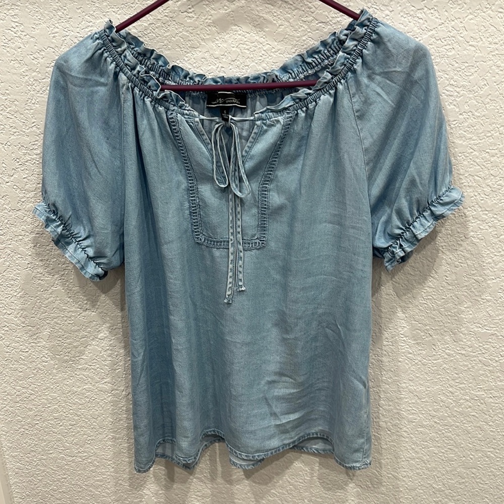 NWOT Love University Denim Ruffle Top-S